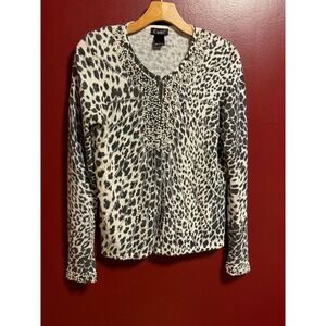 Cami Leopard Print Angora Blend Cardigan Size‎ S Pearl Rhinestone Embellished